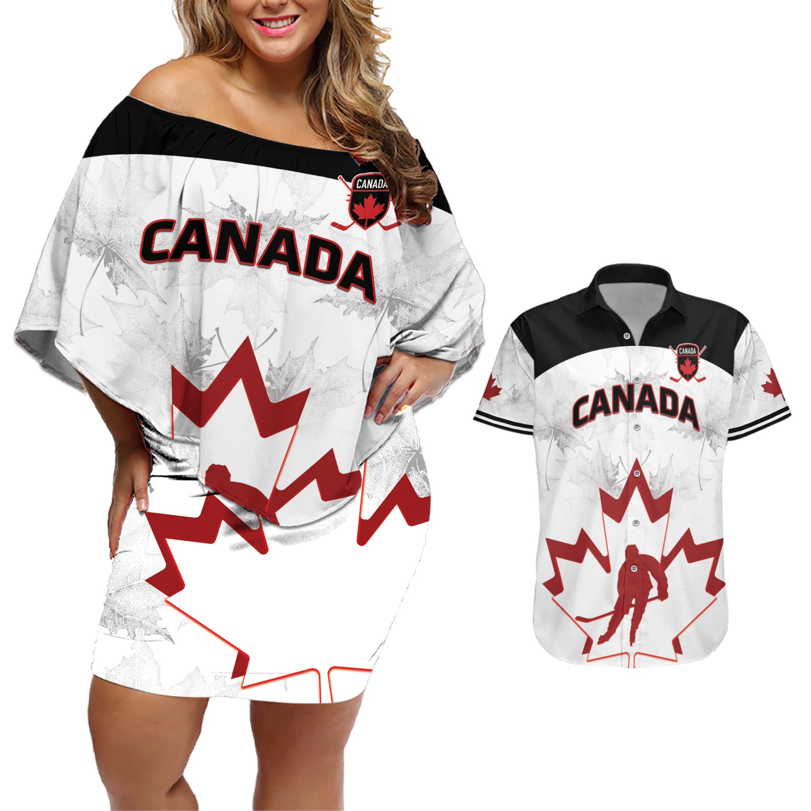 Custom Canada Hockey Couples Matching Off Shoulder Short Dress and Hawaiian Shirt 2024 Go Maple Leaf - Wonder Print Shop