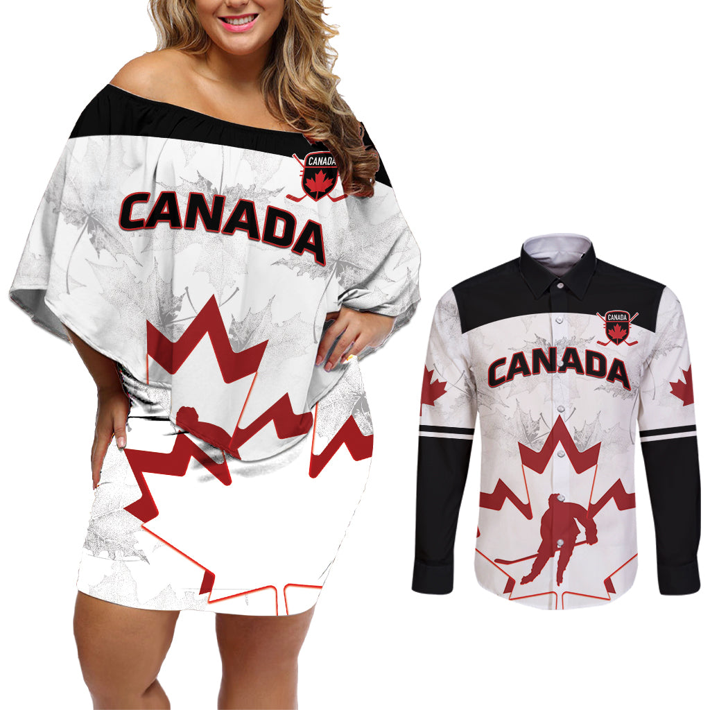 Custom Canada Hockey Couples Matching Off Shoulder Short Dress and Long Sleeve Button Shirt 2024 Go Maple Leaf - Wonder Print Shop