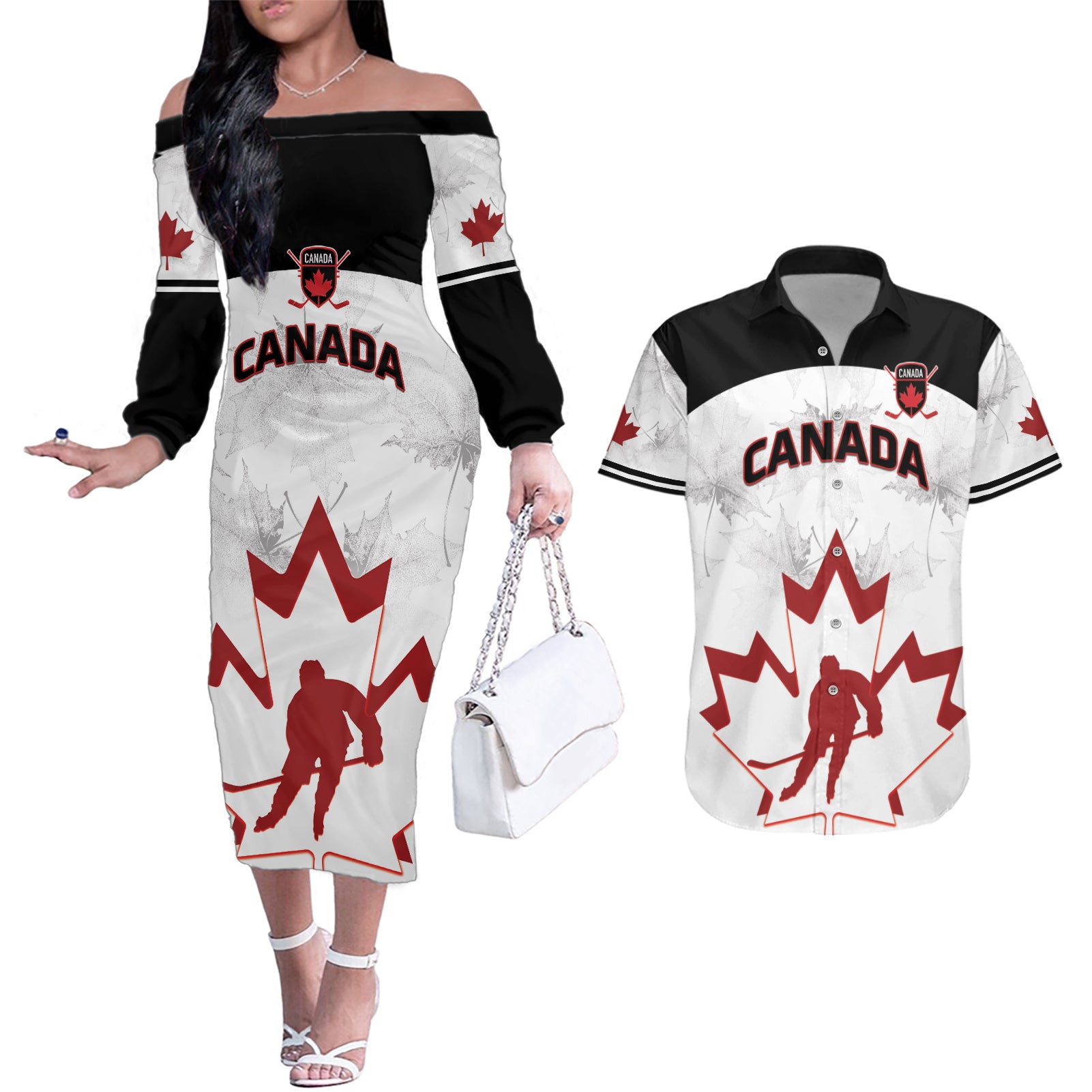 Custom Canada Hockey Couples Matching Off The Shoulder Long Sleeve Dress and Hawaiian Shirt 2024 Go Maple Leaf - Wonder Print Shop