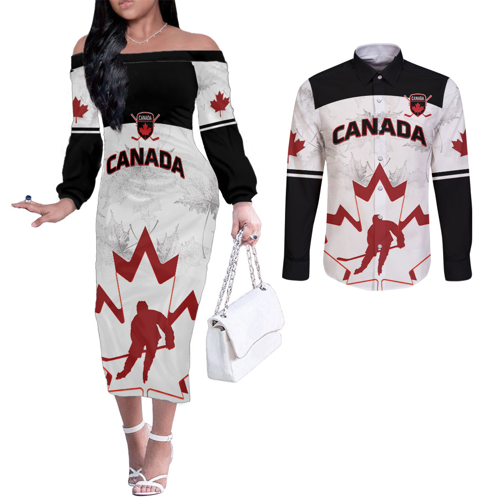 Custom Canada Hockey Couples Matching Off The Shoulder Long Sleeve Dress and Long Sleeve Button Shirt 2024 Go Maple Leaf