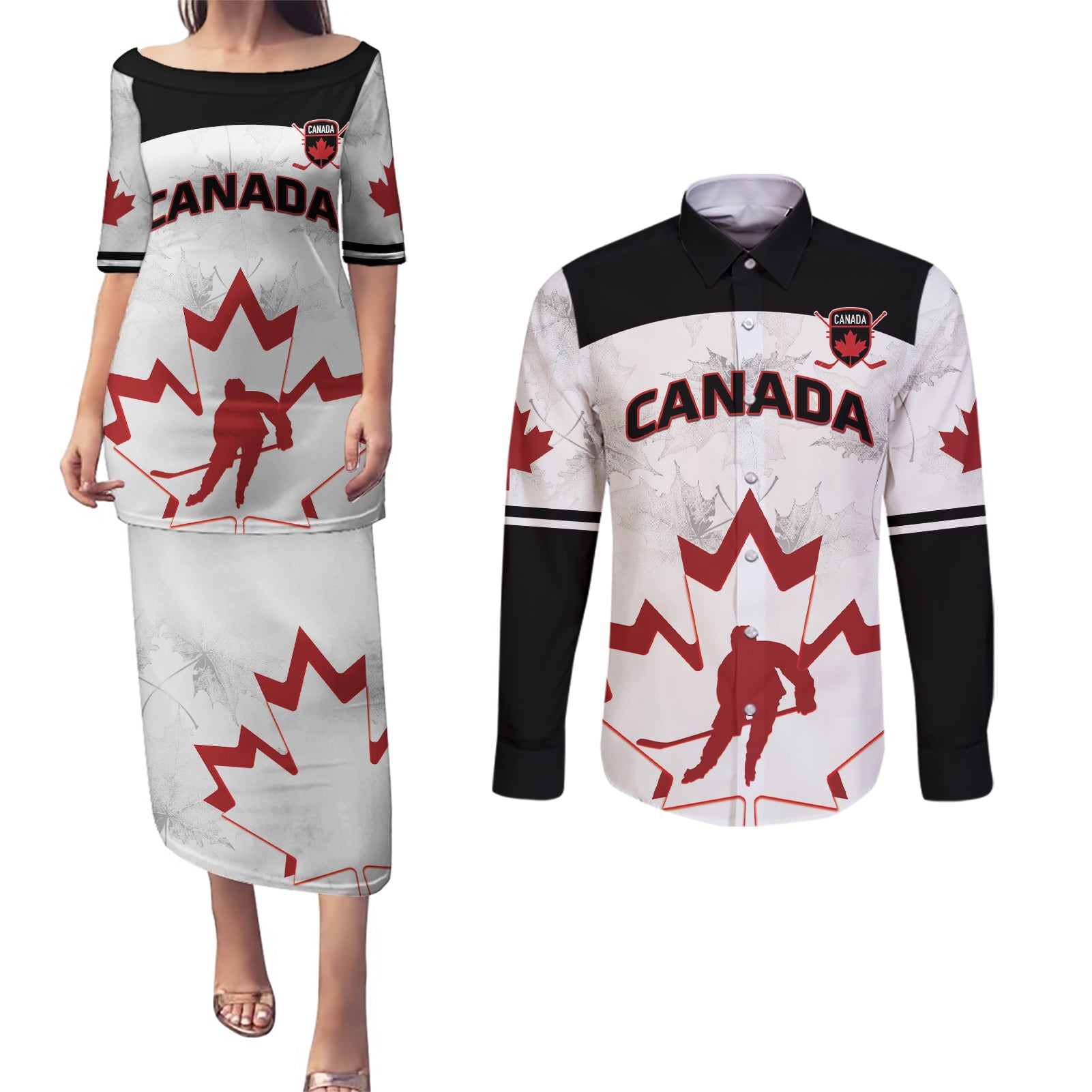 Custom Canada Hockey Couples Matching Puletasi and Long Sleeve Button Shirt 2024 Go Maple Leaf - Wonder Print Shop