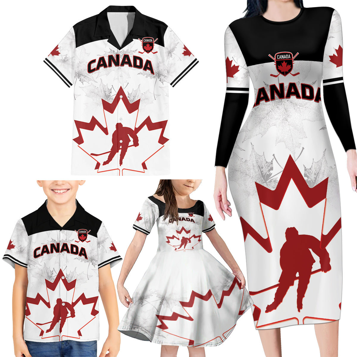 Custom Canada Hockey Family Matching Long Sleeve Bodycon Dress and Hawaiian Shirt 2024 Go Maple Leaf - Wonder Print Shop