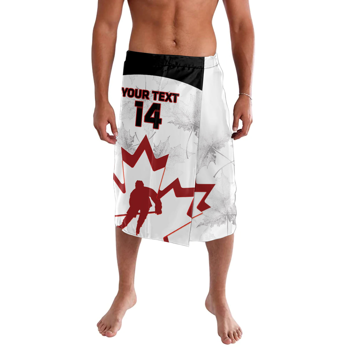 White hockey-style sport shorts with red maple leaf graphics, number 14, black waistband