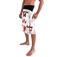 White hockey-style sport shorts with red maple leaf and player silhouette, black waistband