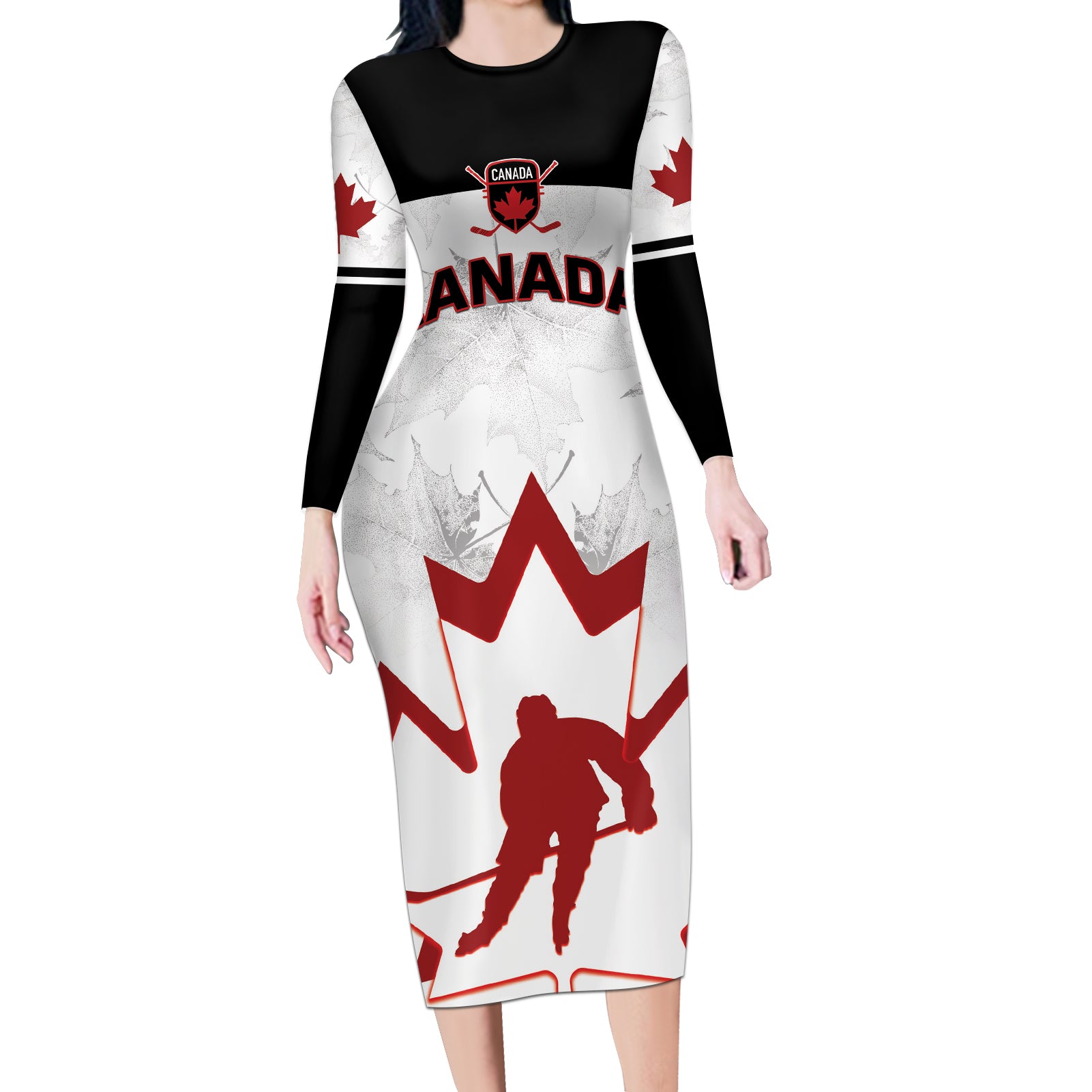 Custom Canada Hockey Long Sleeve Bodycon Dress 2024 Go Maple Leaf - Wonder Print Shop