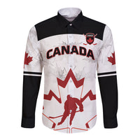 White long-sleeve button shirt with black yoke, Canada graphic and hockey player