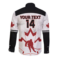 White long-sleeve button shirt back with black yoke, YOUR TEXT 14 and hockey player