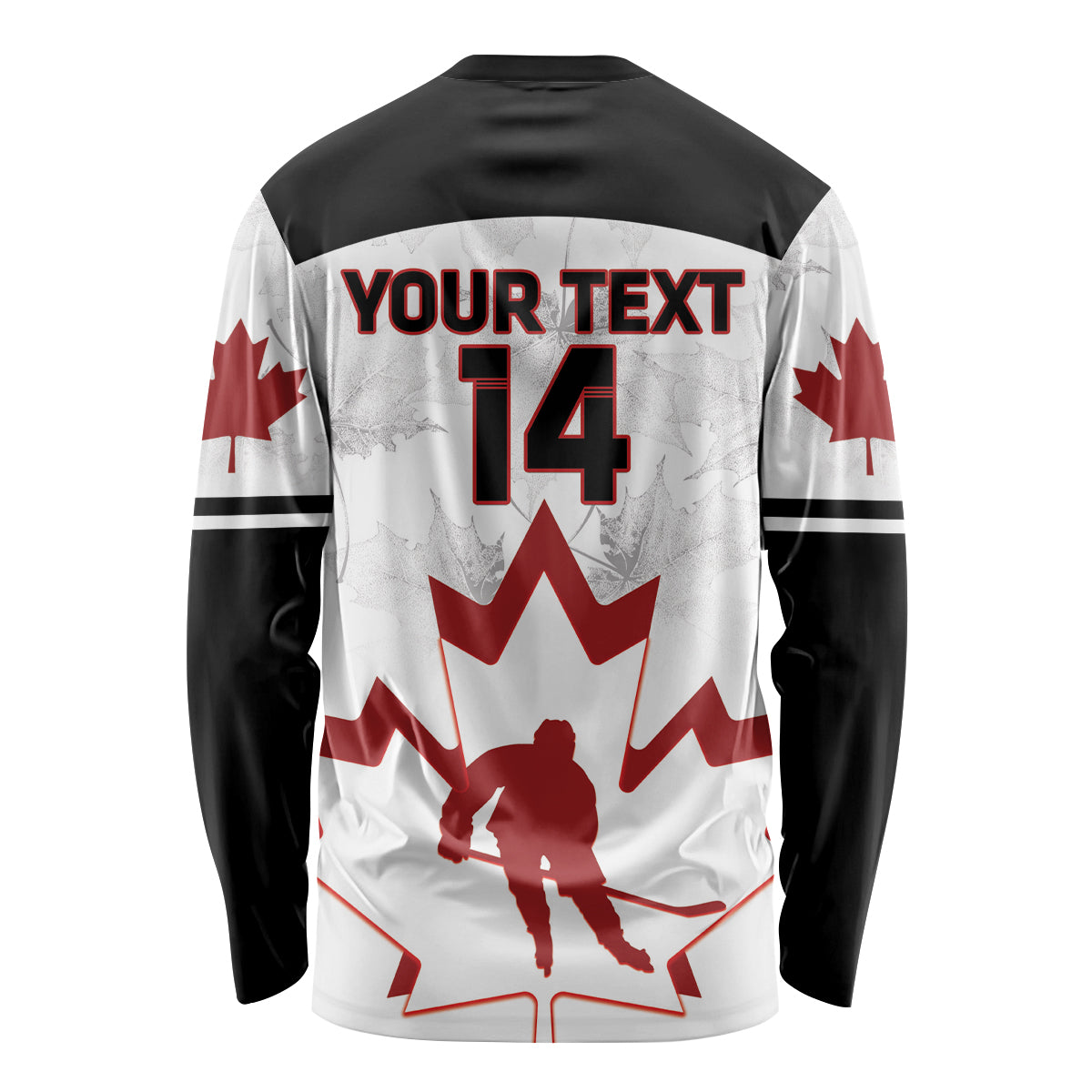 Custom hockey long sleeve shirt back, white with red maple leaf and 14
