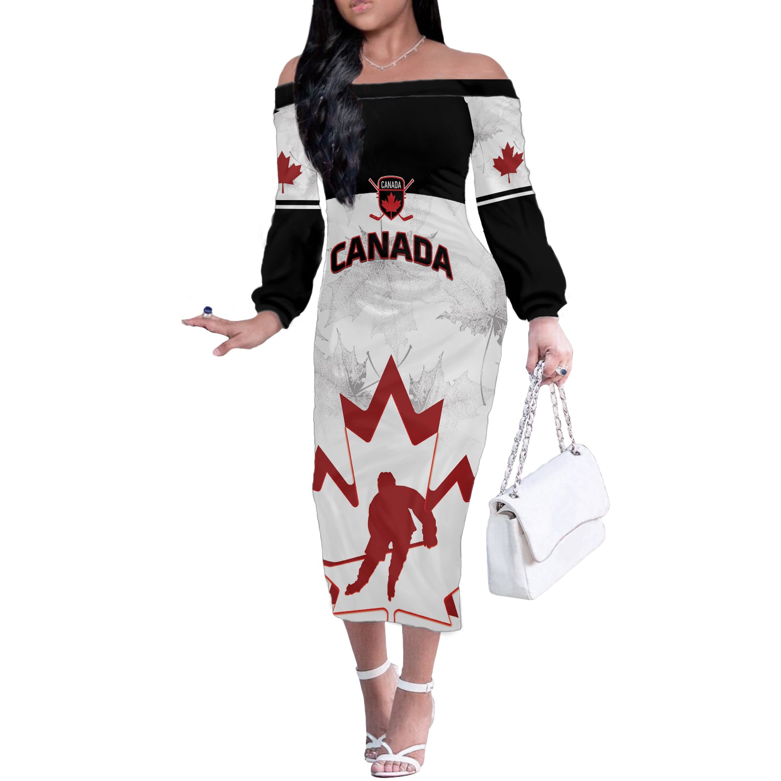 Custom Canada Hockey Off The Shoulder Long Sleeve Dress 2024 Go Maple Leaf - Wonder Print Shop