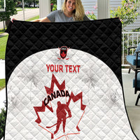 Black and white Canada hockey quilt with red Canada map and goalie, plus 'YOUR TEXT'