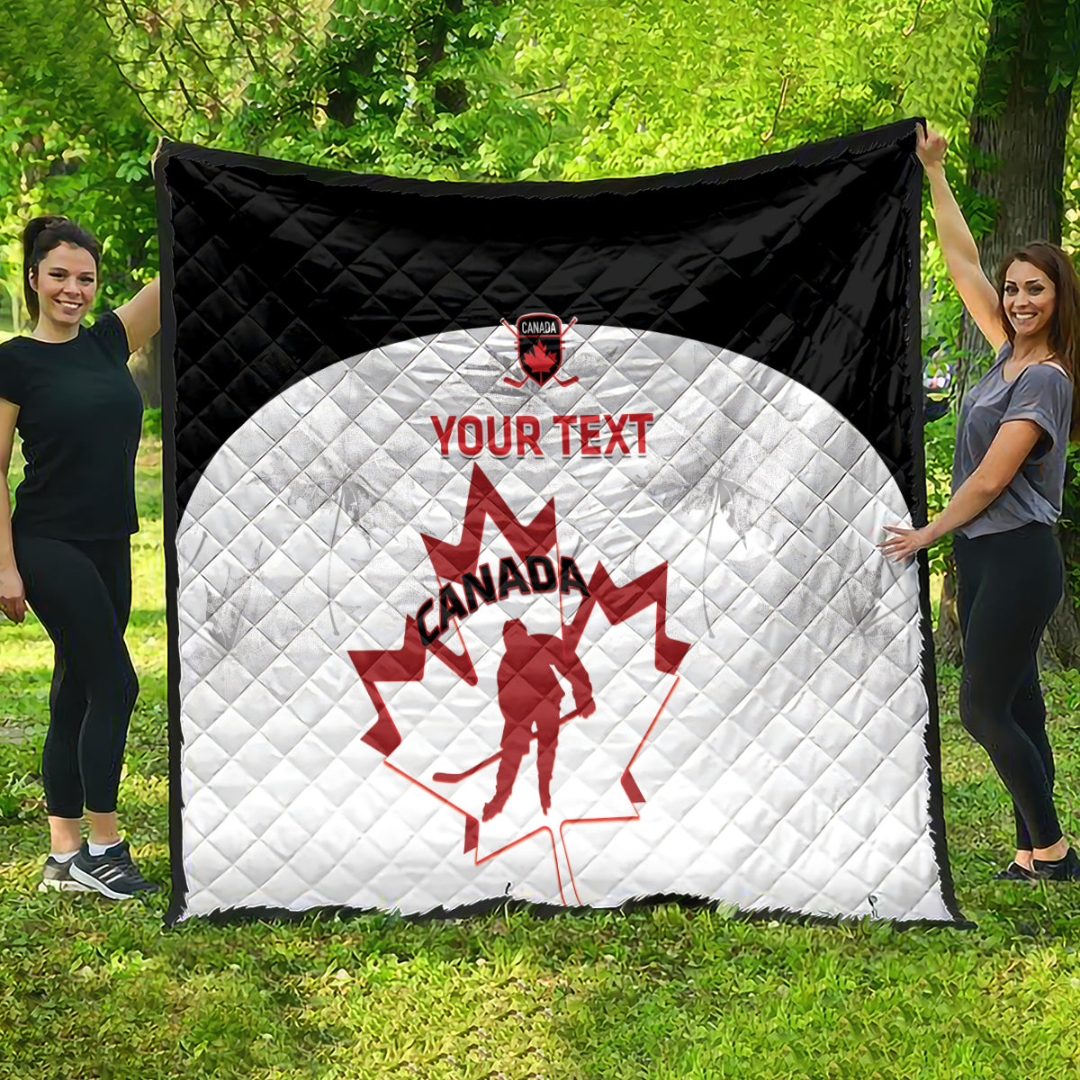 Black and white Canada hockey quilt showing red Canada map and goalie, with 'YOUR TEXT'