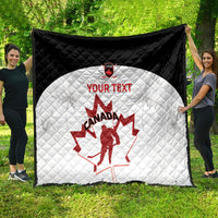 Black and white Canada hockey quilt showing red Canada map and goalie, with 'YOUR TEXT'