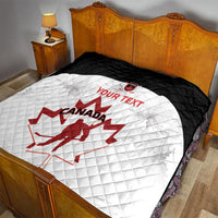 Black-and-white Canada hockey quilt on bed with red Canada map and goalie, 'YOUR TEXT'