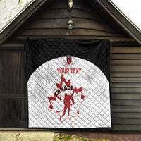 Black and white Canada hockey quilt outdoors with red Canada map and goalie, 'YOUR TEXT'