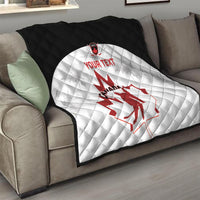 Black-and-white Canada hockey quilt on sofa with red Canada map and goalie, 'YOUR TEXT'