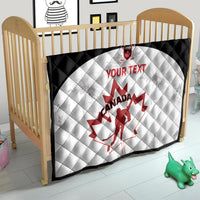 Black-and-white Canada hockey quilt on small bed with red Canada map and goalie, 'YOUR TEXT'