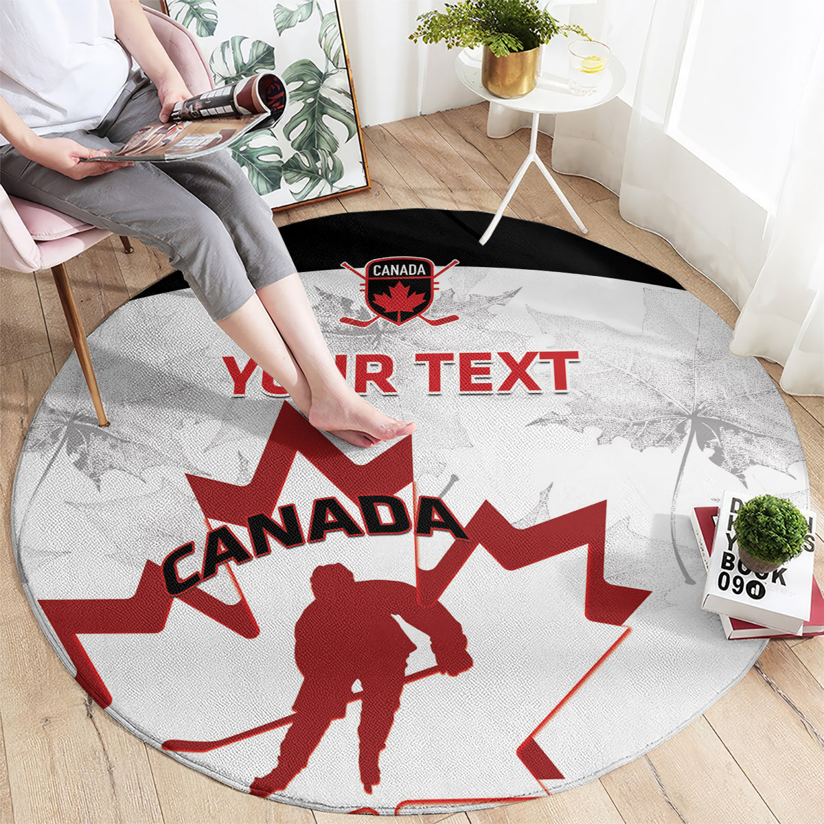 Round carpet with red Canada hockey crest and player silhouette, and 'Your Text'