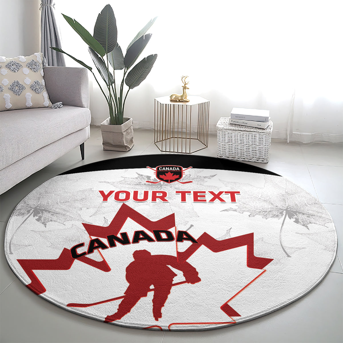 Round carpet with red Canada hockey crest and 'Your Text' over light gray base