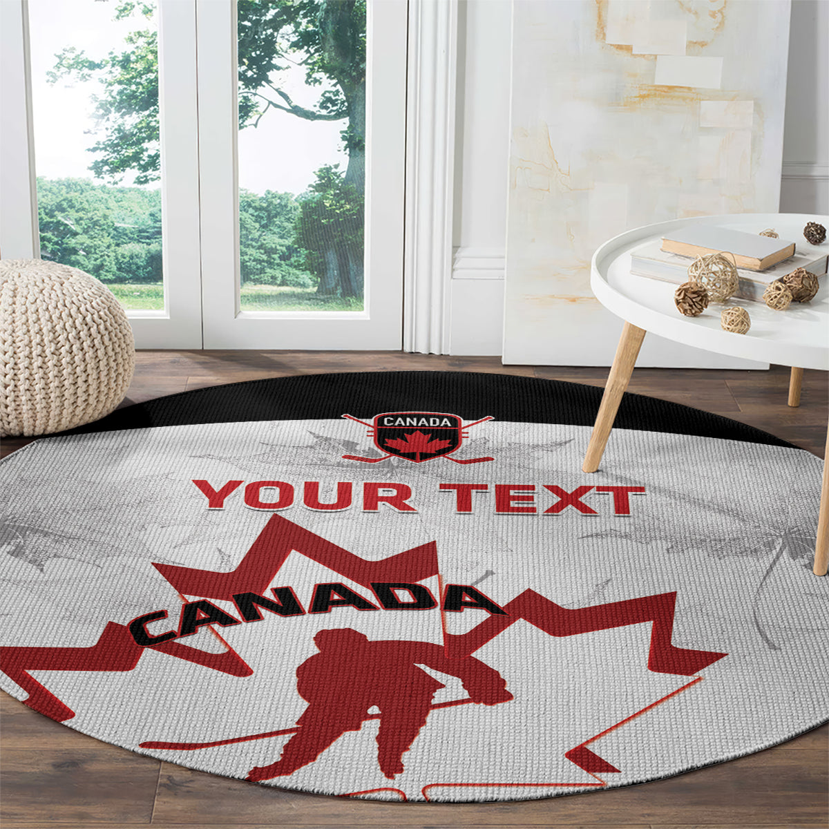 Round carpet with red Canada hockey player silhouette and 'Your Text', black border