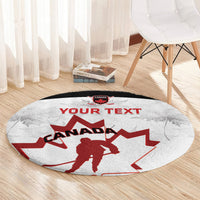 Round carpet with red Canada hockey graphic and 'Your Text' on light gray fabric