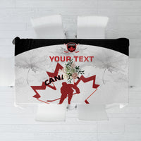 Custom Canada hockey tablecloth, white with black edge and red Canada hockey logo