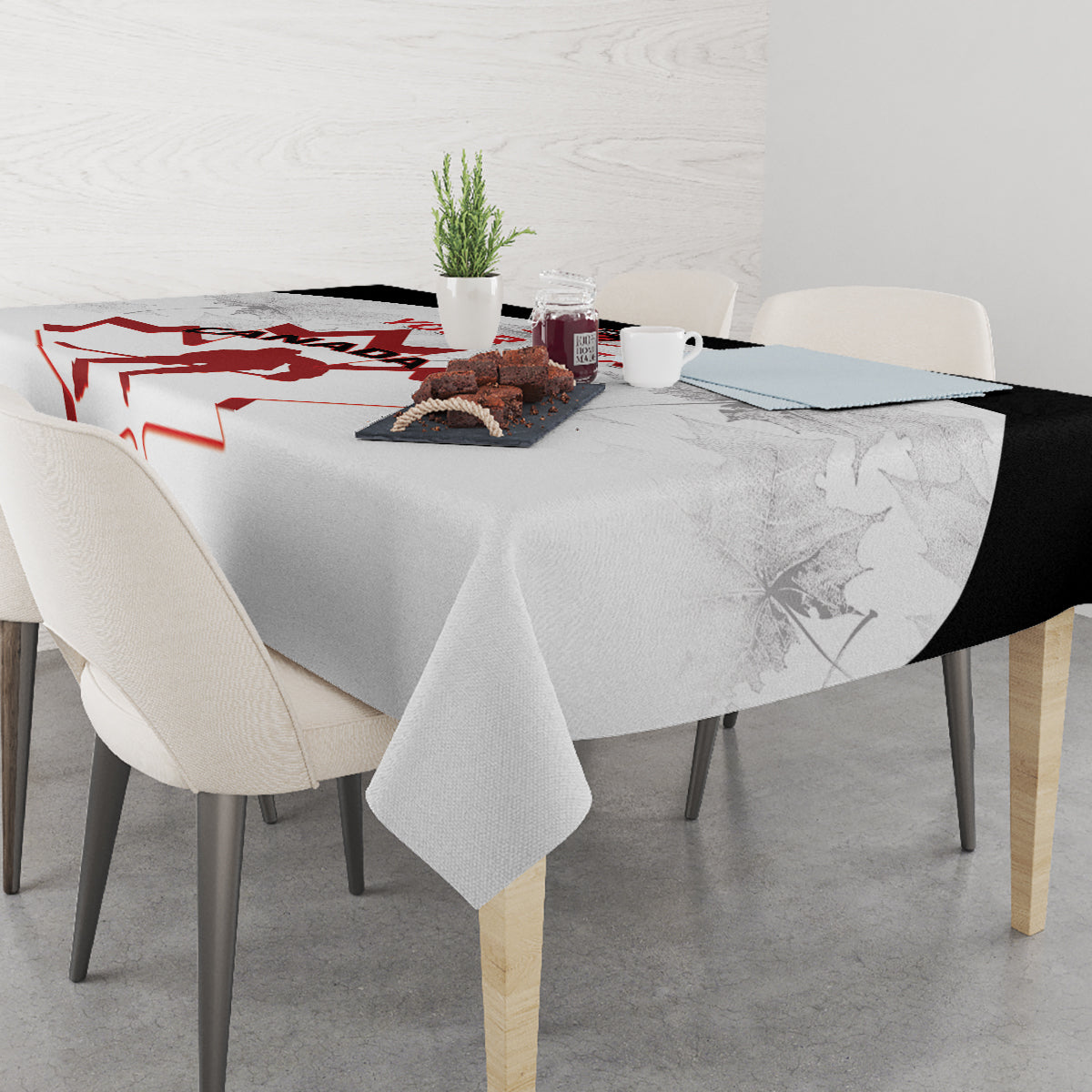 Custom Canada hockey tablecloth on dining table, white with red Canada hockey print