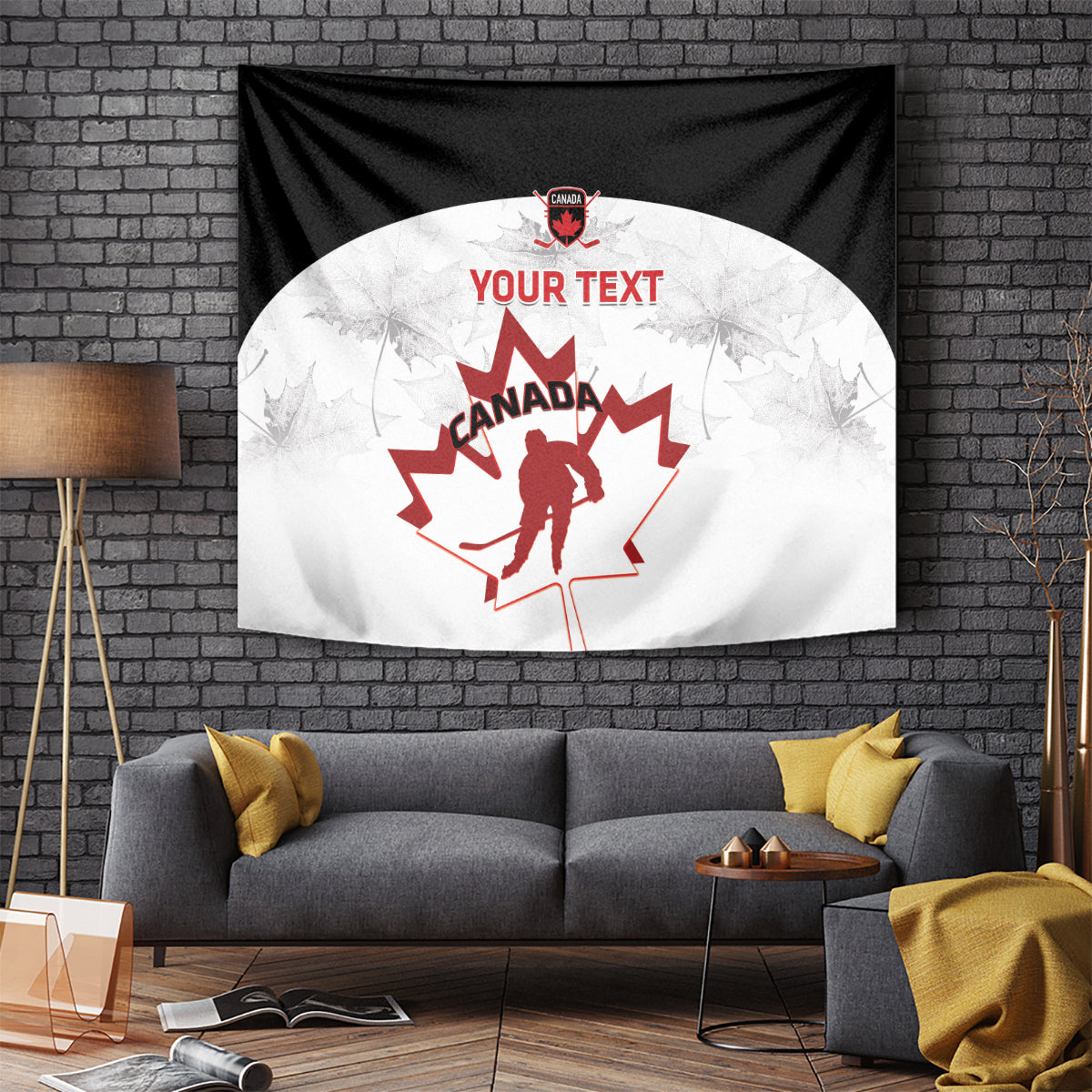 Canada hockey tapestry with black border, centered circular white panel, red maple leaf