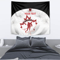 Black and white Canada hockey wall tapestry with red maple leaf and "YOUR TEXT"