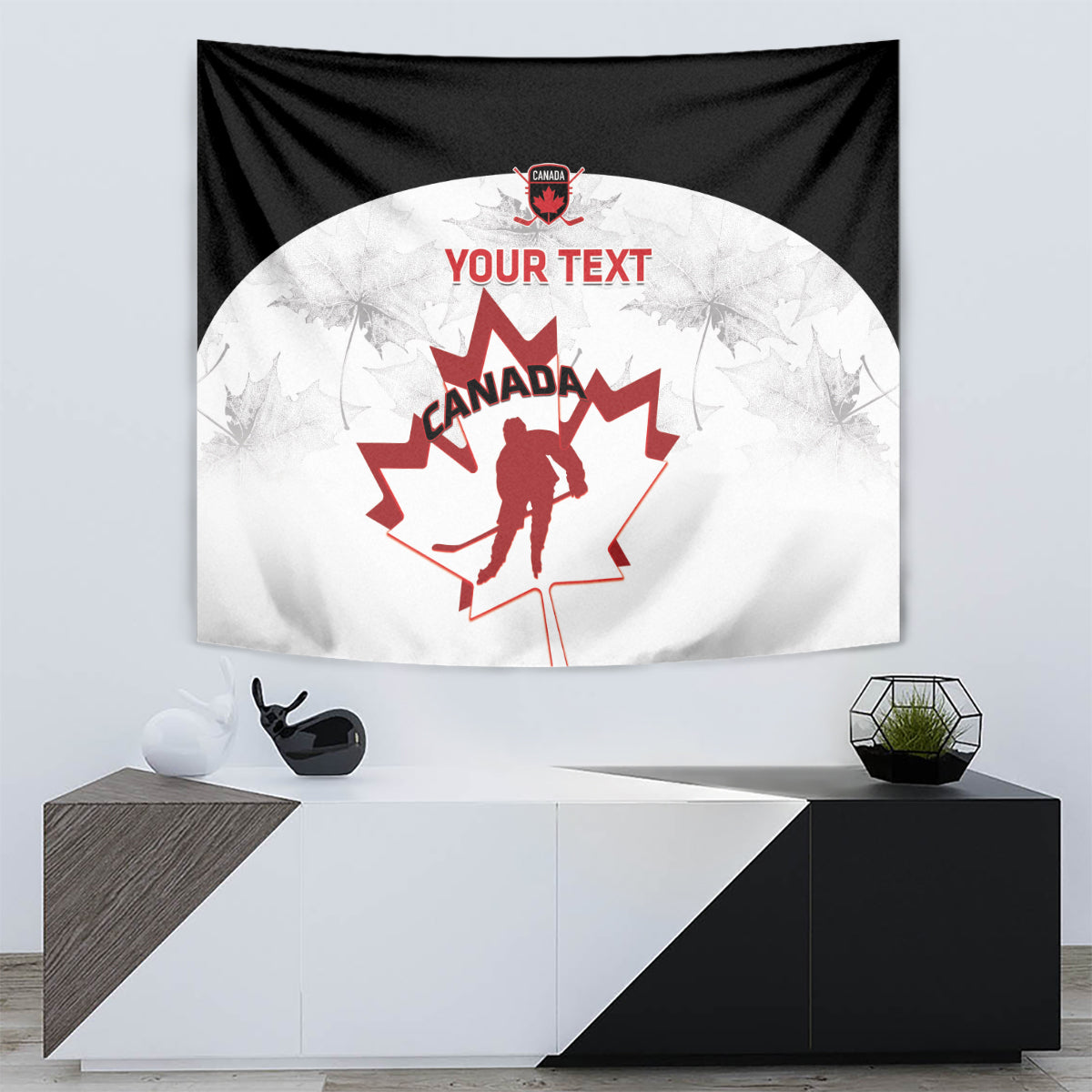 Canada hockey tapestry featuring black edges, circular white center, and red maple leaf
