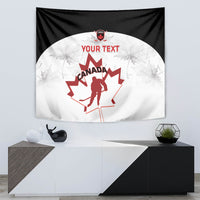 Canada hockey tapestry featuring black edges, circular white center, and red maple leaf