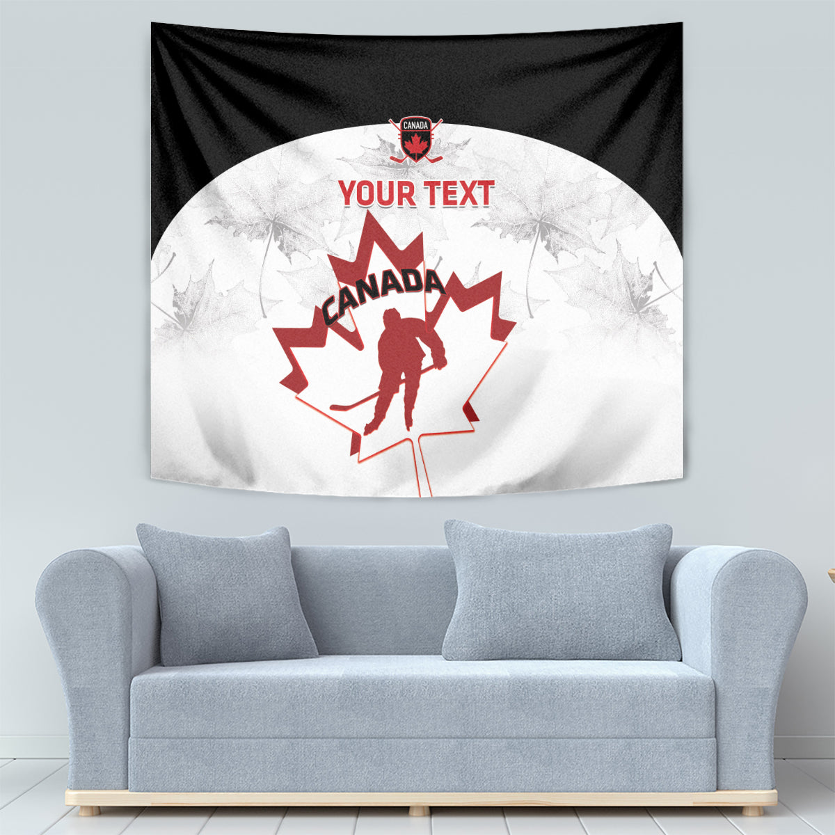 Black and white Canada hockey tapestry with red maple leaf silhouette and "YOUR TEXT"