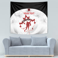 Black and white Canada hockey tapestry with red maple leaf silhouette and "YOUR TEXT"