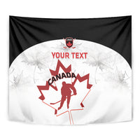 Canada hockey tapestry close-up: black border, circular white panel, red maple leaf graphic
