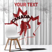 Canada hockey curtain close-up with red maple leaf, player silhouette, and YOUR TEXT