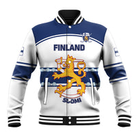 Blue-and-white Finland hockey baseball jacket, striped collar and front crest graphic