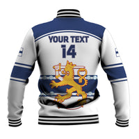 Blue-and-white hockey baseball jacket, back 'YOUR TEXT 14' with lion crest graphic