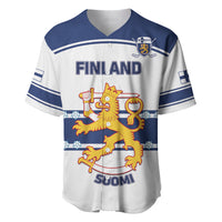 Blue and white baseball jersey with FINLAND, SUOMI, and lion crest