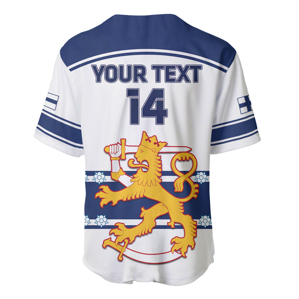 Blue and white baseball jersey back with YOUR TEXT, number 14, and lion crest