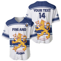 Two blue-and-white baseball jerseys: front Finland/Suomi, back YOUR TEXT 14