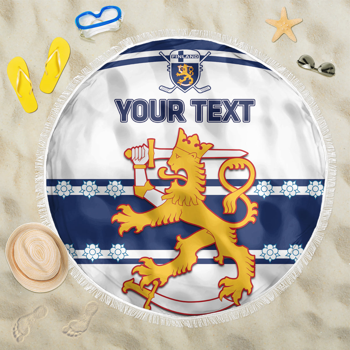 Round Finland hockey beach blanket, blue-and-white crest with fringe edge