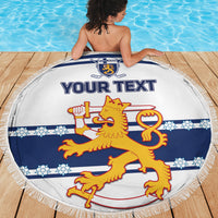 Round Finland hockey beach blanket with fringe, lion crest centered on blue band