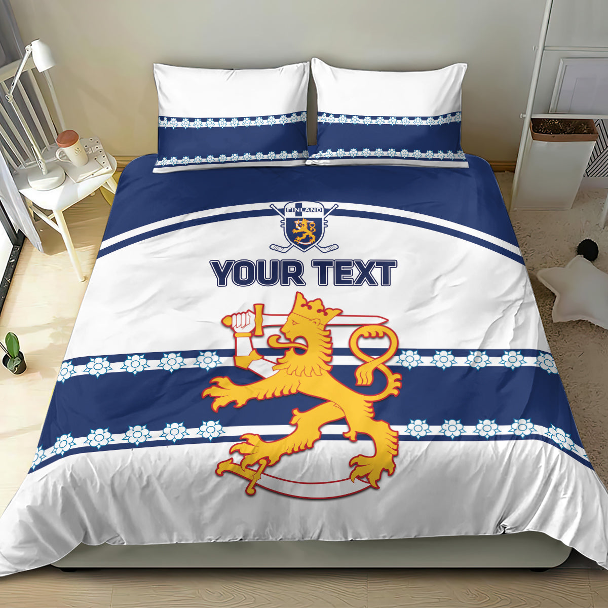 Blue-and-white hockey bedding set with lion graphic and “YOUR TEXT” on duvet cover.