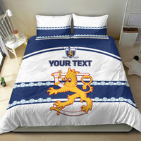 Blue-and-white hockey bedding set with lion graphic and “YOUR TEXT” on duvet cover.