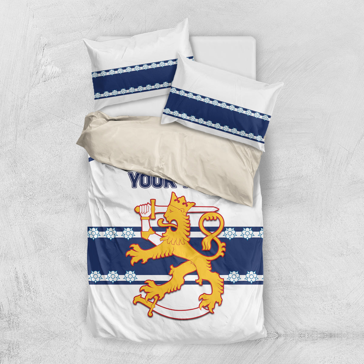 Hockey bedding set bundle: white duvet with blue stripes, lion print, and matching pillowcases.