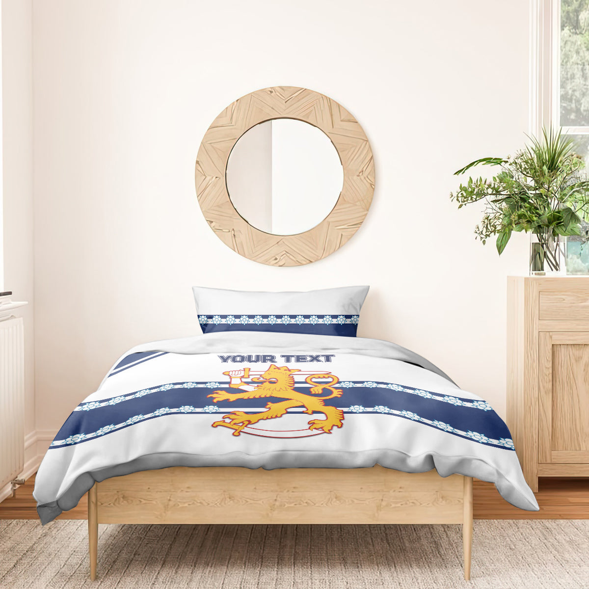 Hockey bedding set on wooden bed: blue stripe duvet with lion emblem and “YOUR TEXT.”