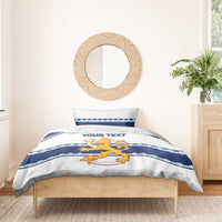 Hockey bedding set on wooden bed: blue stripe duvet with lion emblem and “YOUR TEXT.”