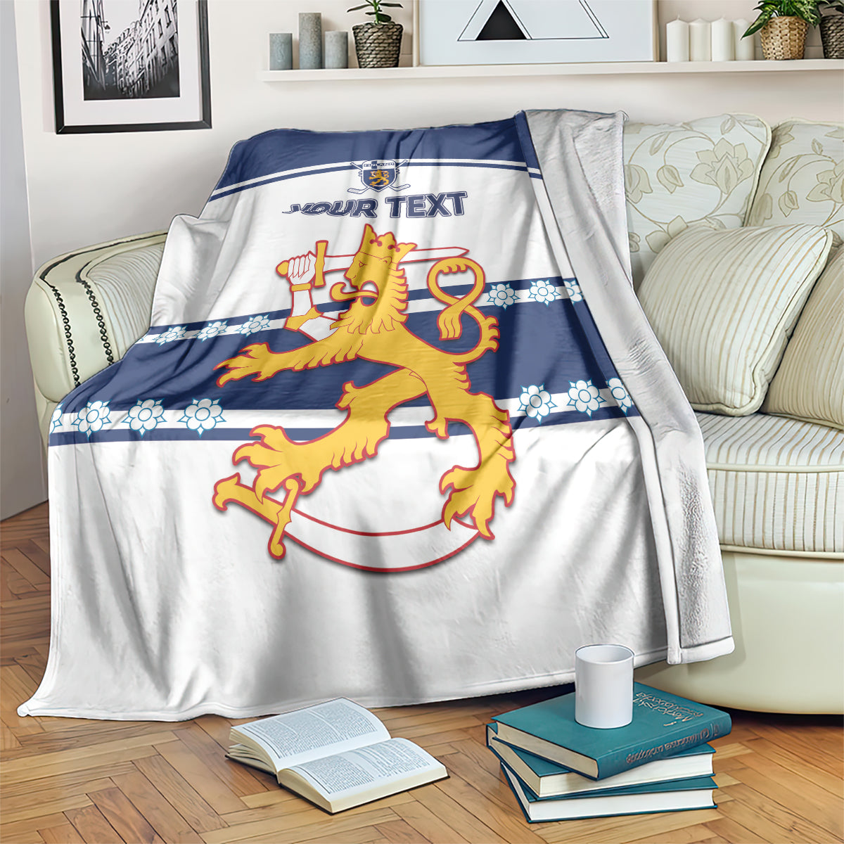 Custom Finland hockey blanket, white and blue with lion crest and striped band