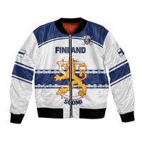 Blue and white hockey bomber jacket with front zipper, ribbed trim, Finland word and lion crest