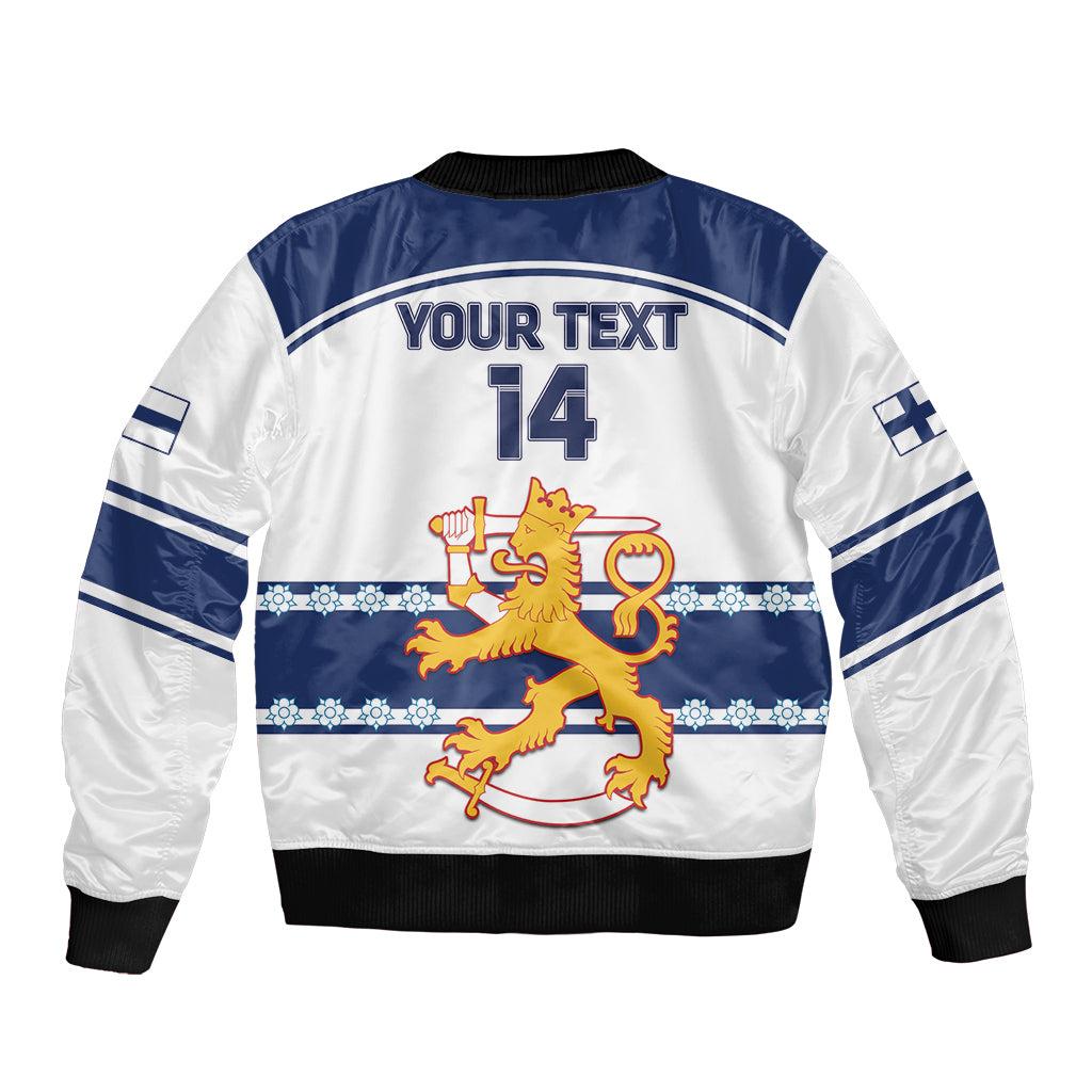 Blue and white hockey bomber jacket with ribbed trim and back lion-and-14 print