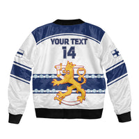 Blue and white hockey bomber jacket with ribbed trim and back lion-and-14 print